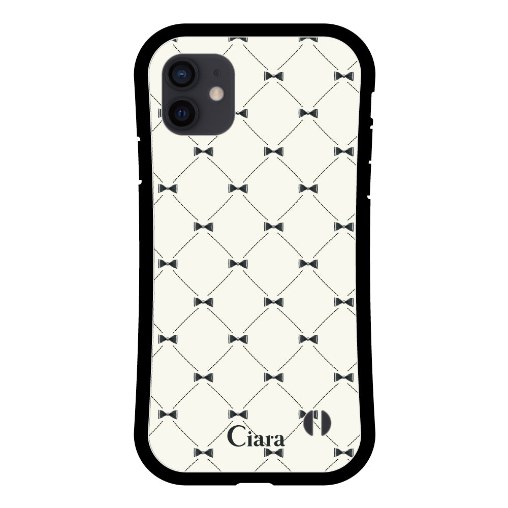 iPhoneXRケース グリップ 耐衝撃ケース キルティングリボン ブラック