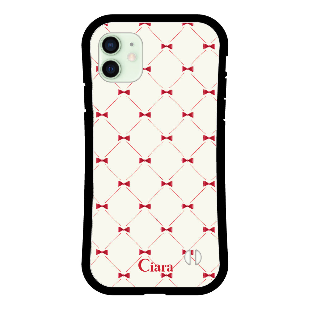 iPhone12miniケース グリップ 耐衝撃ケース キルティングリボン ピンク