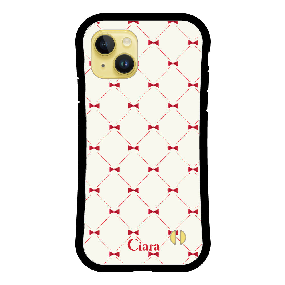 iPhone14Plusケース グリップ 耐衝撃ケース キルティングリボン ピンク