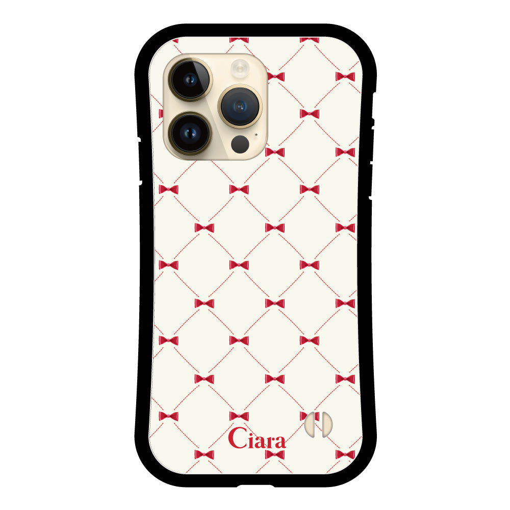 iPhone14Proケース グリップ 耐衝撃ケース キルティングリボン ピンク