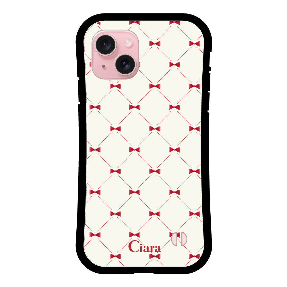 iPhone15ケース グリップ 耐衝撃ケース キルティングリボン ピンク