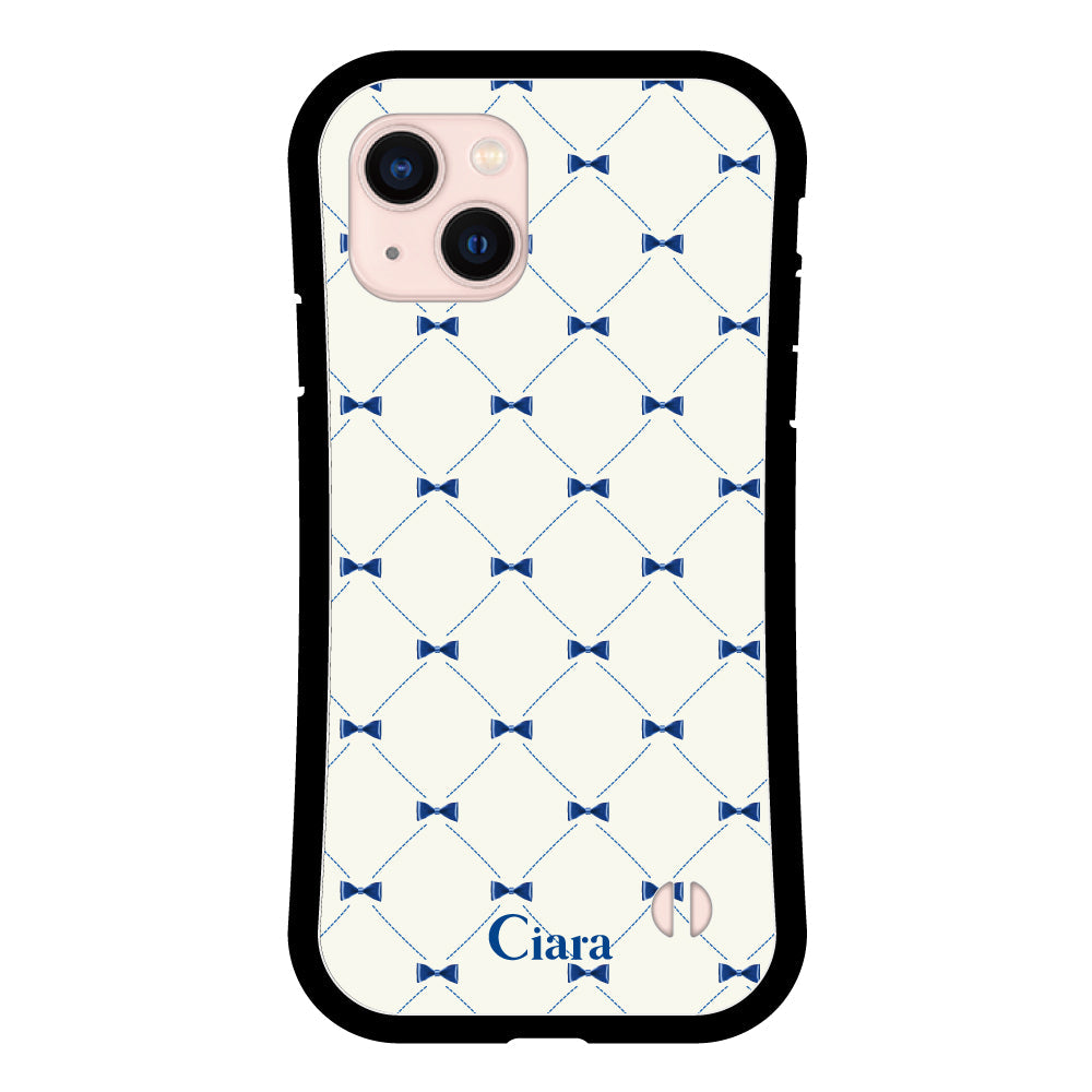 iPhone13ケース グリップ 耐衝撃ケース キルティングリボン ブルー
