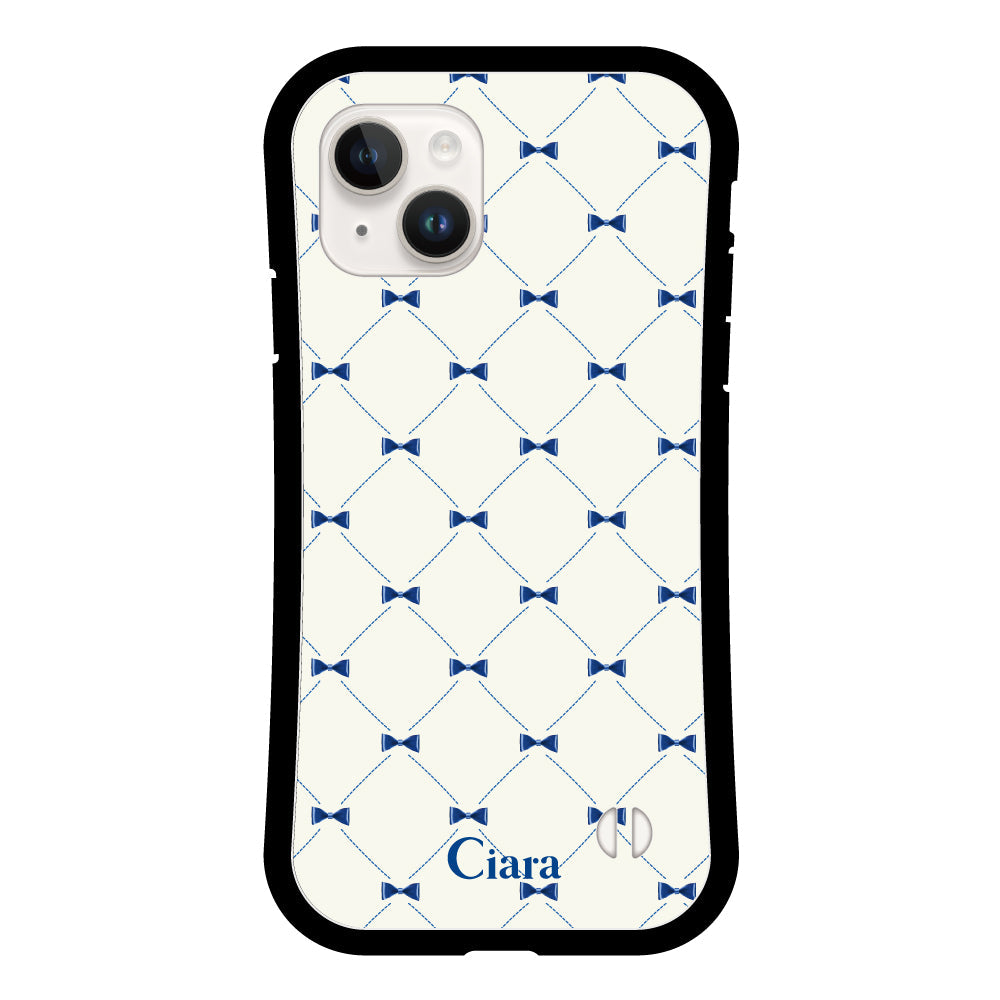 iPhone14ケース グリップ 耐衝撃ケース キルティングリボン ブルー