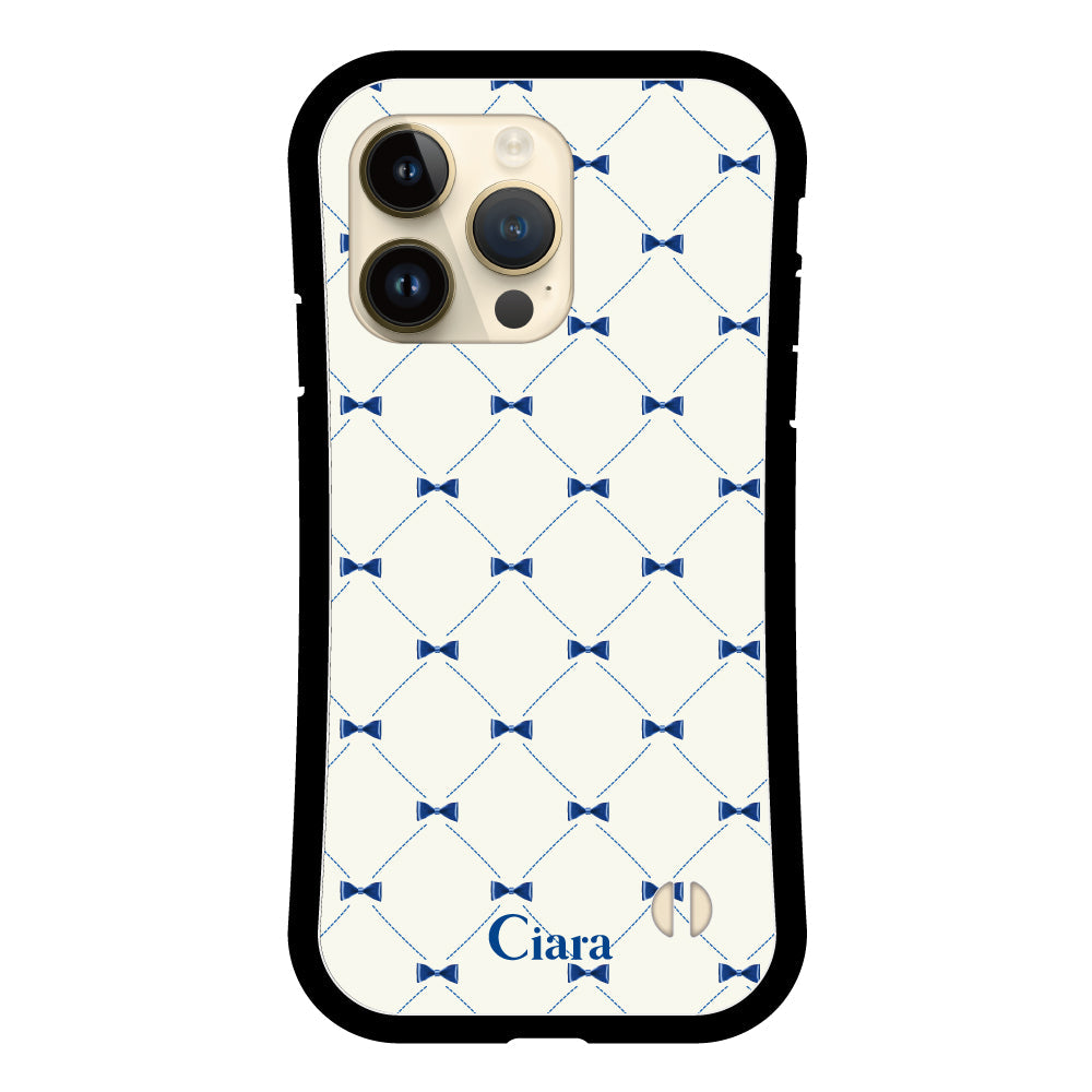 iPhone14Proケース グリップ 耐衝撃ケース キルティングリボン ブルー