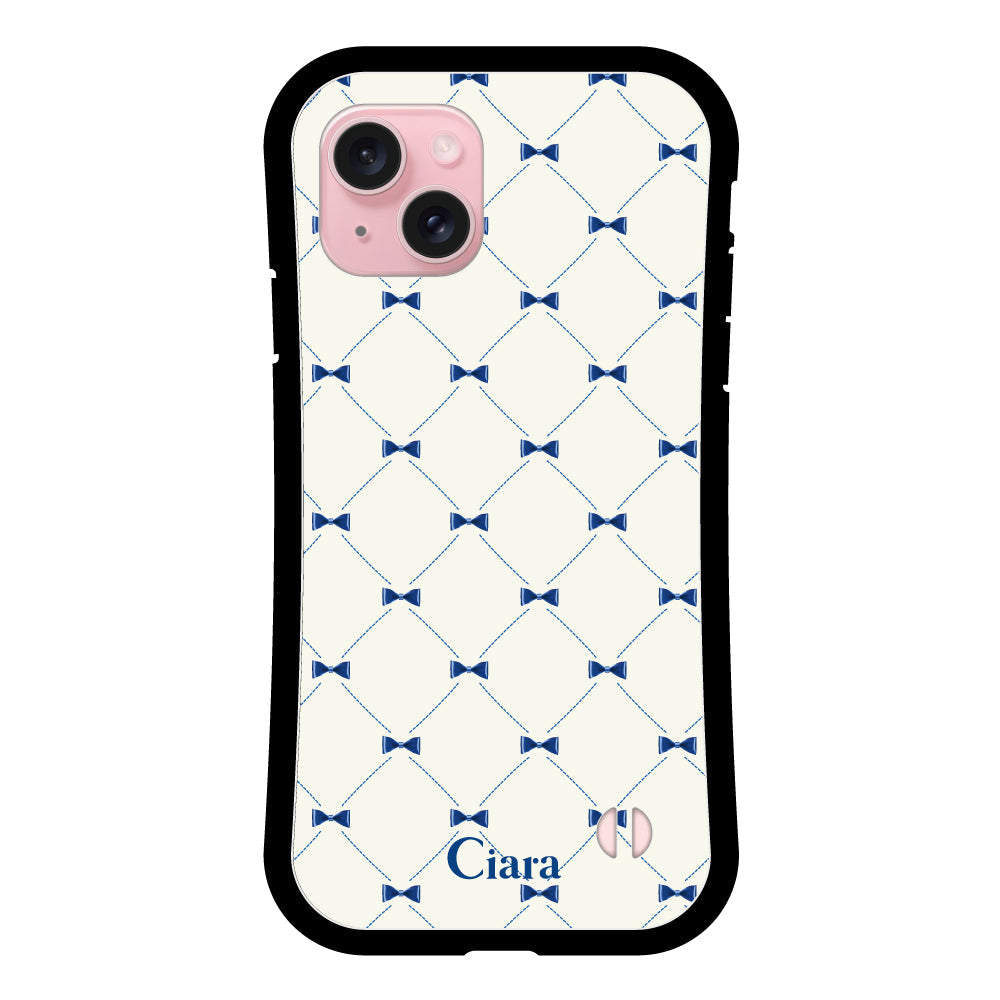 iPhone15ケース グリップ 耐衝撃ケース キルティングリボン ブルー