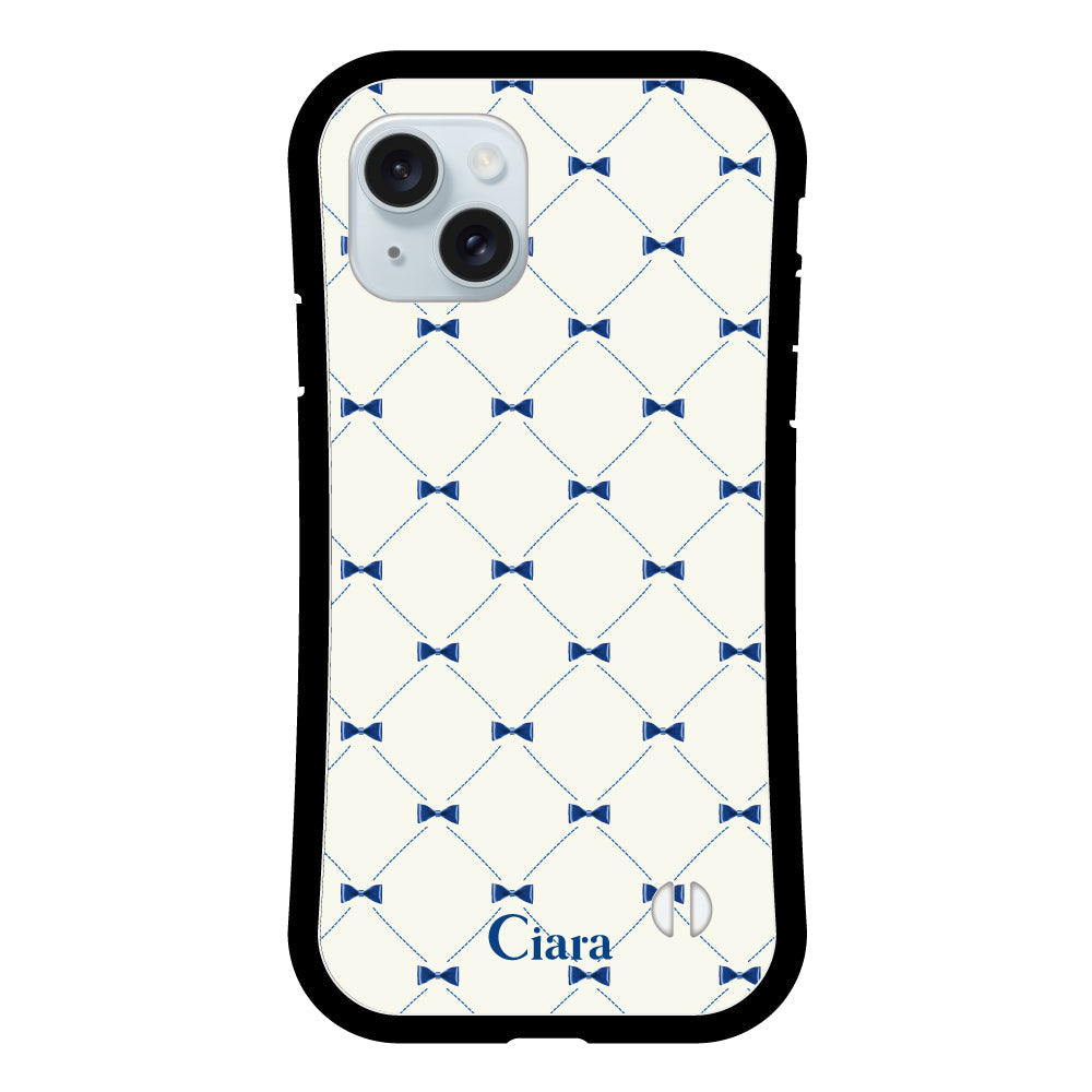 iPhone15Plusケース グリップ 耐衝撃ケース キルティングリボン ブルー
