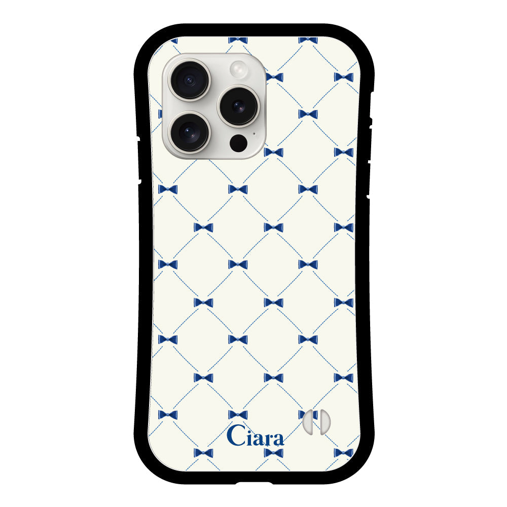 iPhone15ProMaxケース グリップ 耐衝撃ケース キルティングリボン ブルー