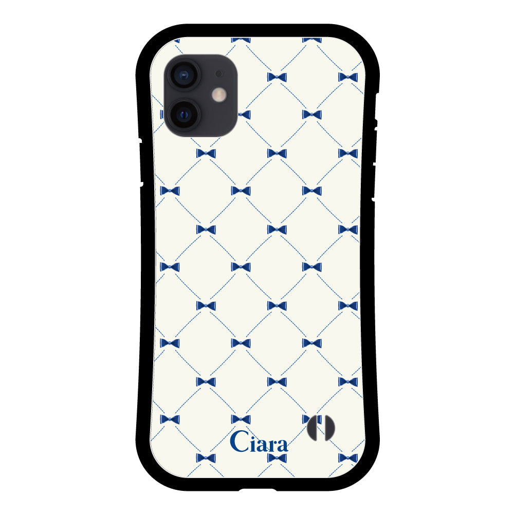 iPhoneXRケース グリップ 耐衝撃ケース キルティングリボン ブルー