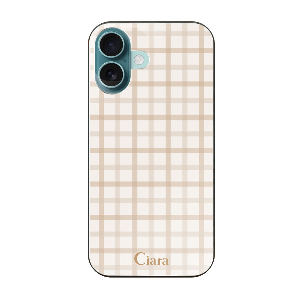 iPhone16Plus ガラス 強化ガラスケース ブロックチェック ベージュ