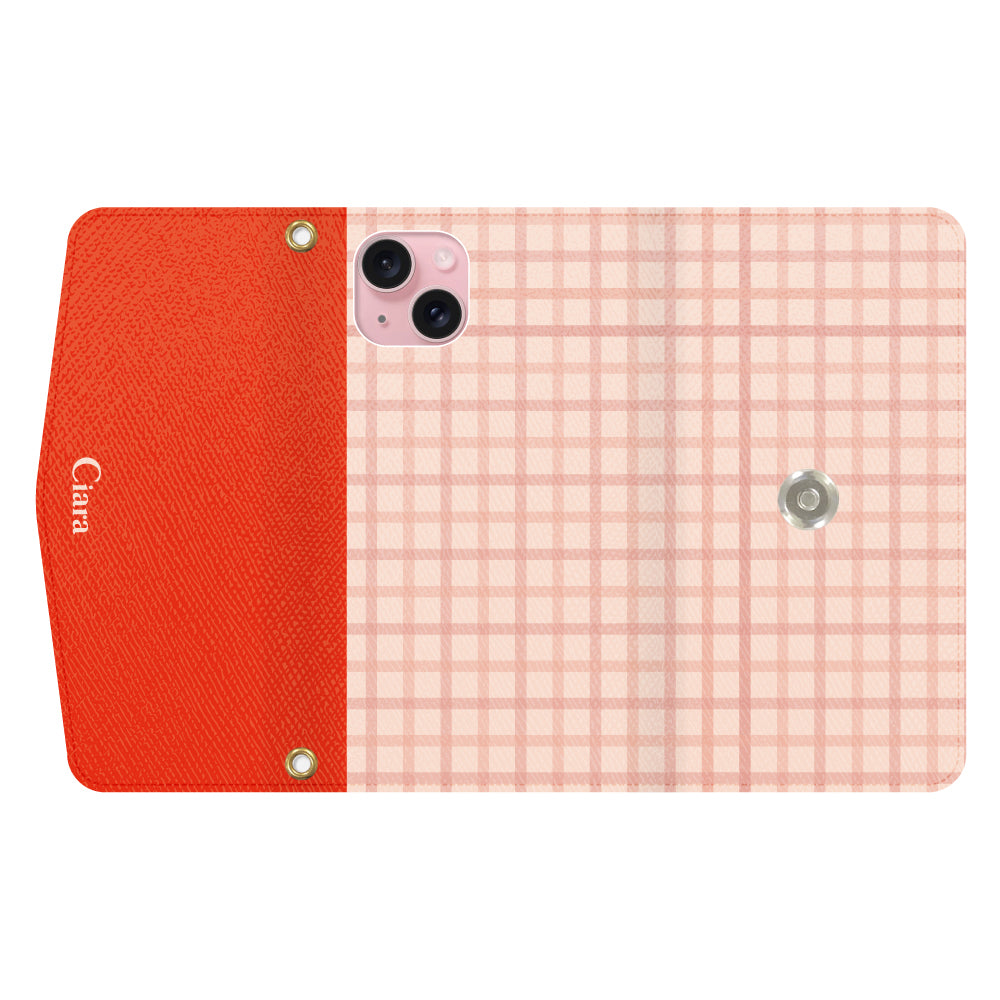 iPhone15ケース 手帳型カード収納レザーケース ブロックチェック ピンク