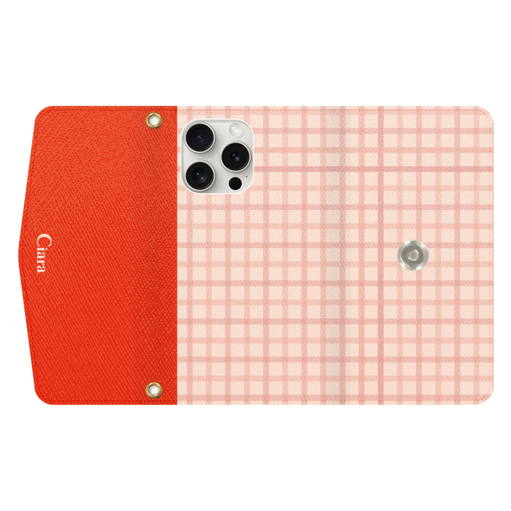 iPhone15ProMaxケース 手帳型カード収納レザーケース ブロックチェック ピンク