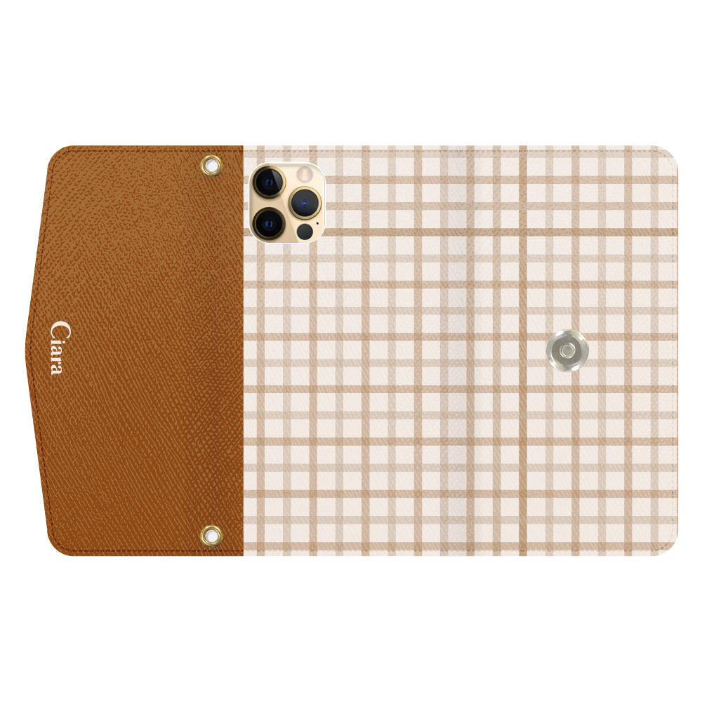 iPhone11ProMaxケース 手帳型カード収納レザーケース ブロックチェック ベージュ