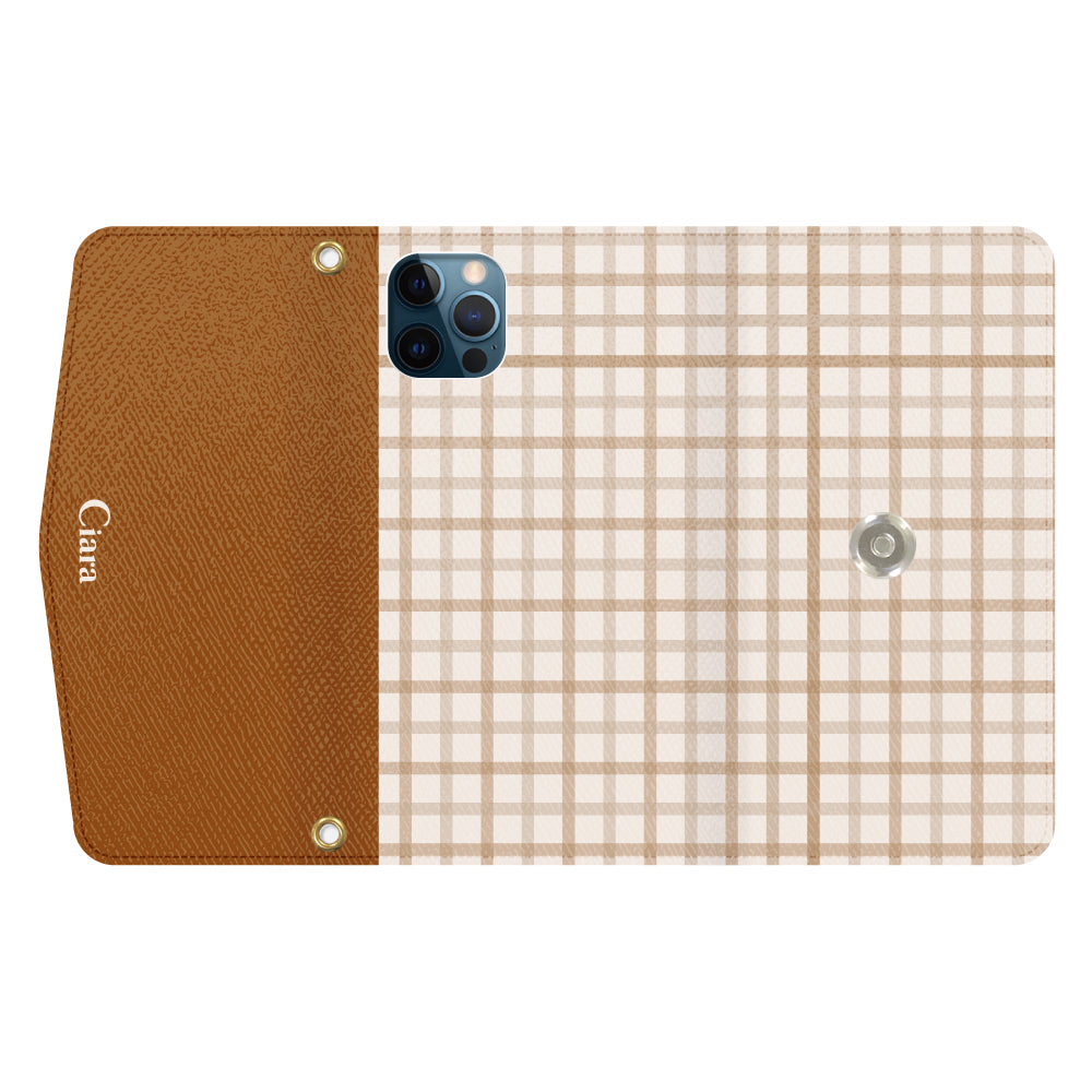 iPhone12ProMaxケース 手帳型カード収納レザーケース ブロックチェック ベージュ