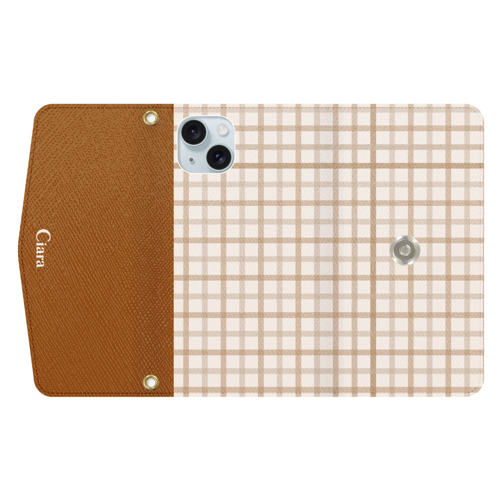 iPhone15Plusケース 手帳型カード収納レザーケース ブロックチェック ベージュ