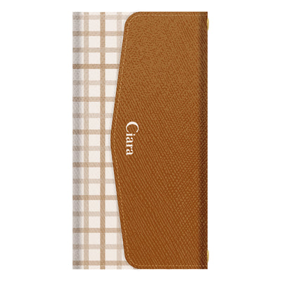 AQUOSケース カード収納 ミラー ストラップ付き レザー 三つ折り 手帳型ケース ブロックチェック
