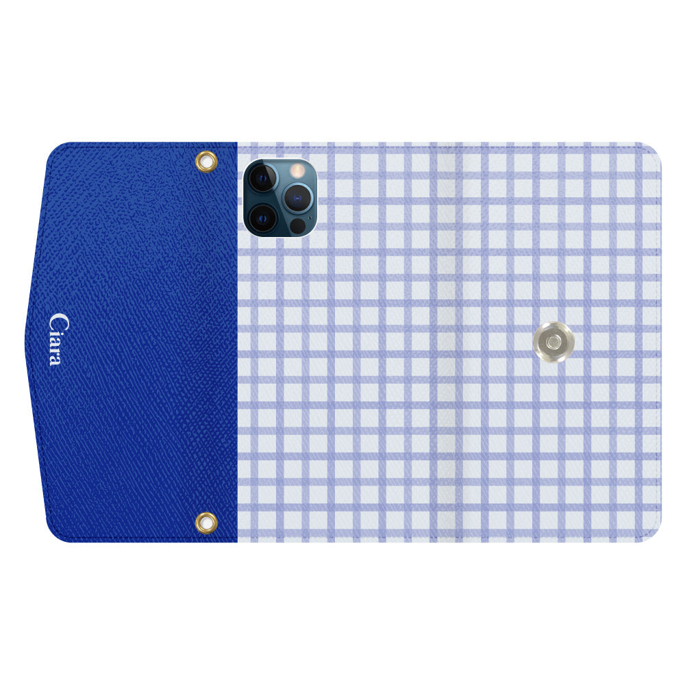 iPhone12ProMaxケース 手帳型カード収納レザーケース ブロックチェック ブルー