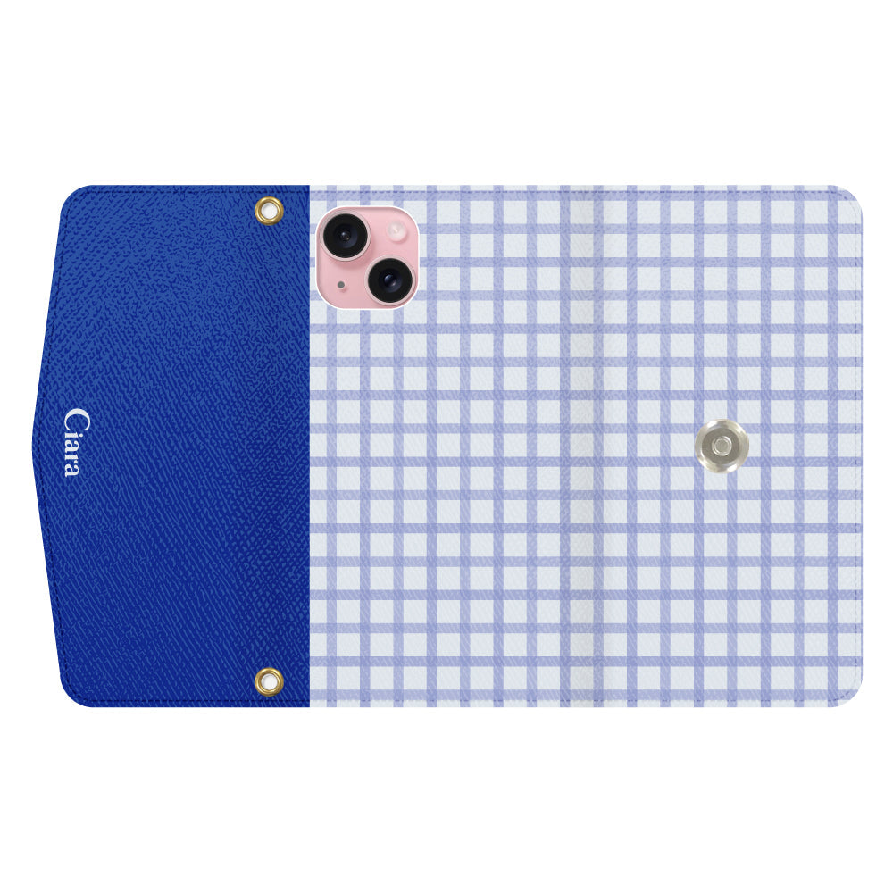 iPhone15ケース 手帳型カード収納レザーケース ブロックチェック ブルー