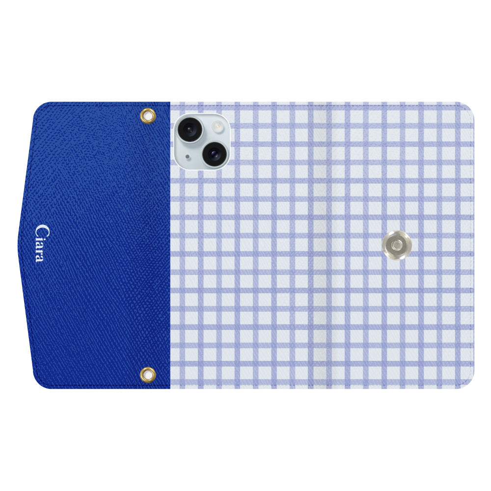 iPhone15Plusケース 手帳型カード収納レザーケース ブロックチェック ブルー