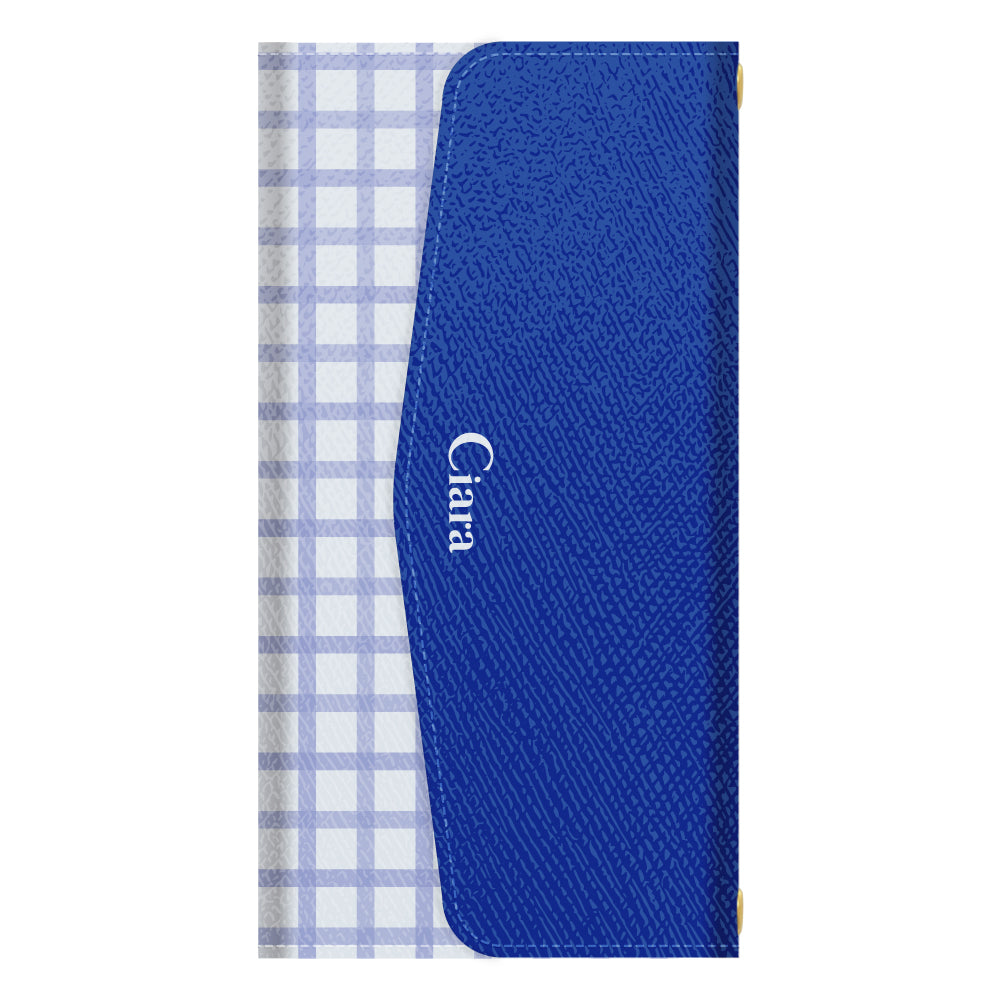 AQUOSR9ケース 手帳型カード収納レザーケース ブロックチェック ブルー