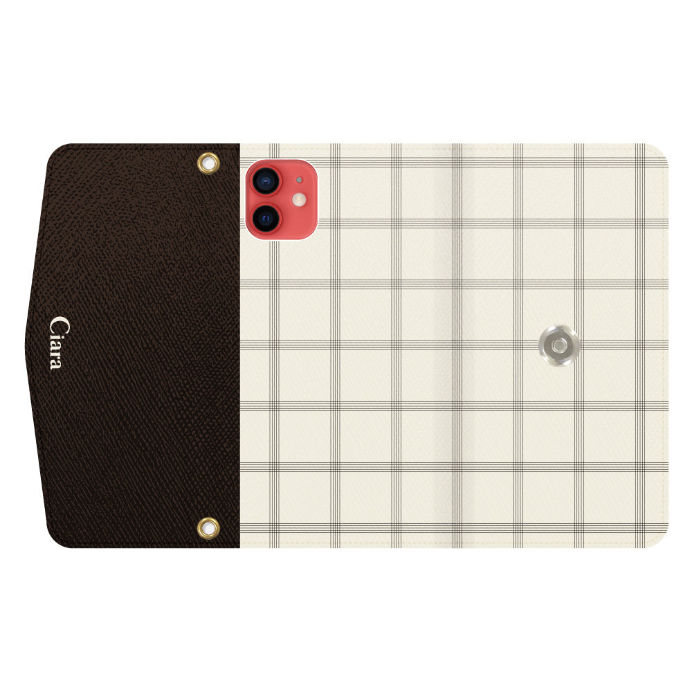 iPhone11ケース 手帳型カード収納レザーケース グラフチェック グレー