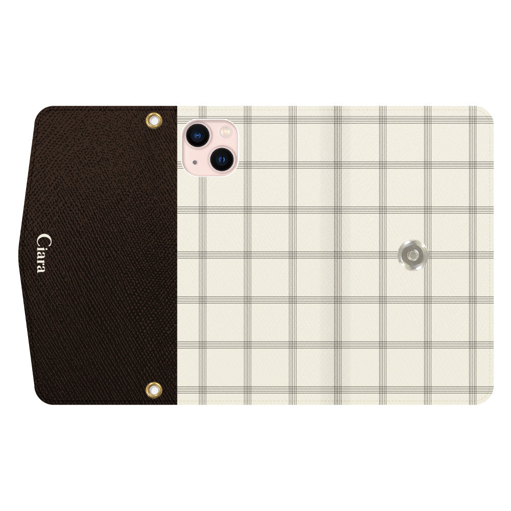 iPhone13ケース 手帳型カード収納レザーケース グラフチェック グレー