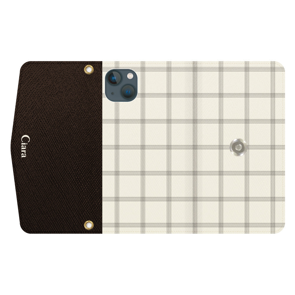 iPhone13miniケース 手帳型カード収納レザーケース グラフチェック グレー