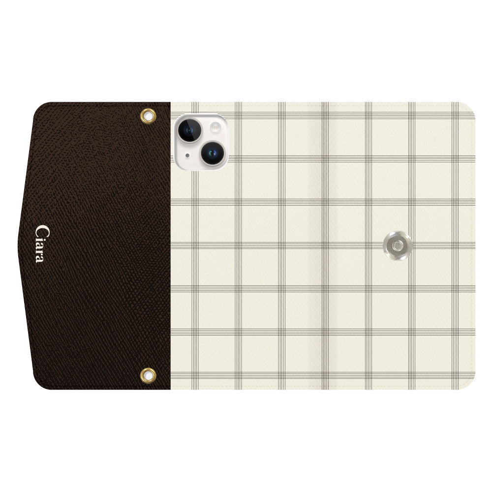 iPhone14ケース 手帳型カード収納レザーケース グラフチェック グレー