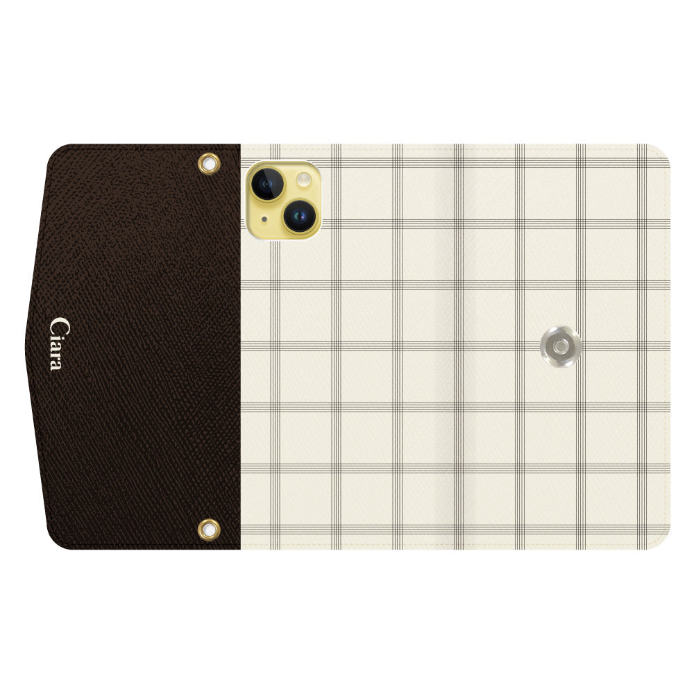 iPhone14Plusケース 手帳型カード収納レザーケース グラフチェック グレー