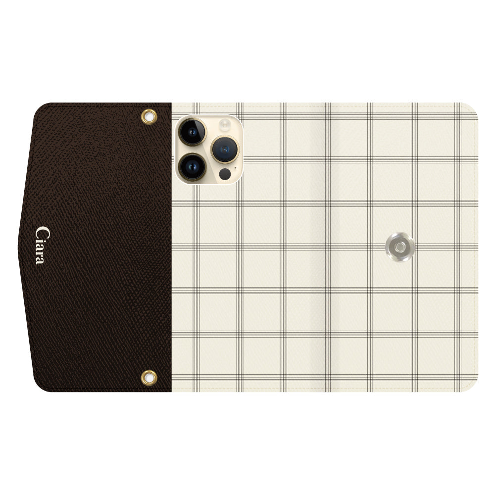 iPhone14Proケース 手帳型カード収納レザーケース グラフチェック グレー