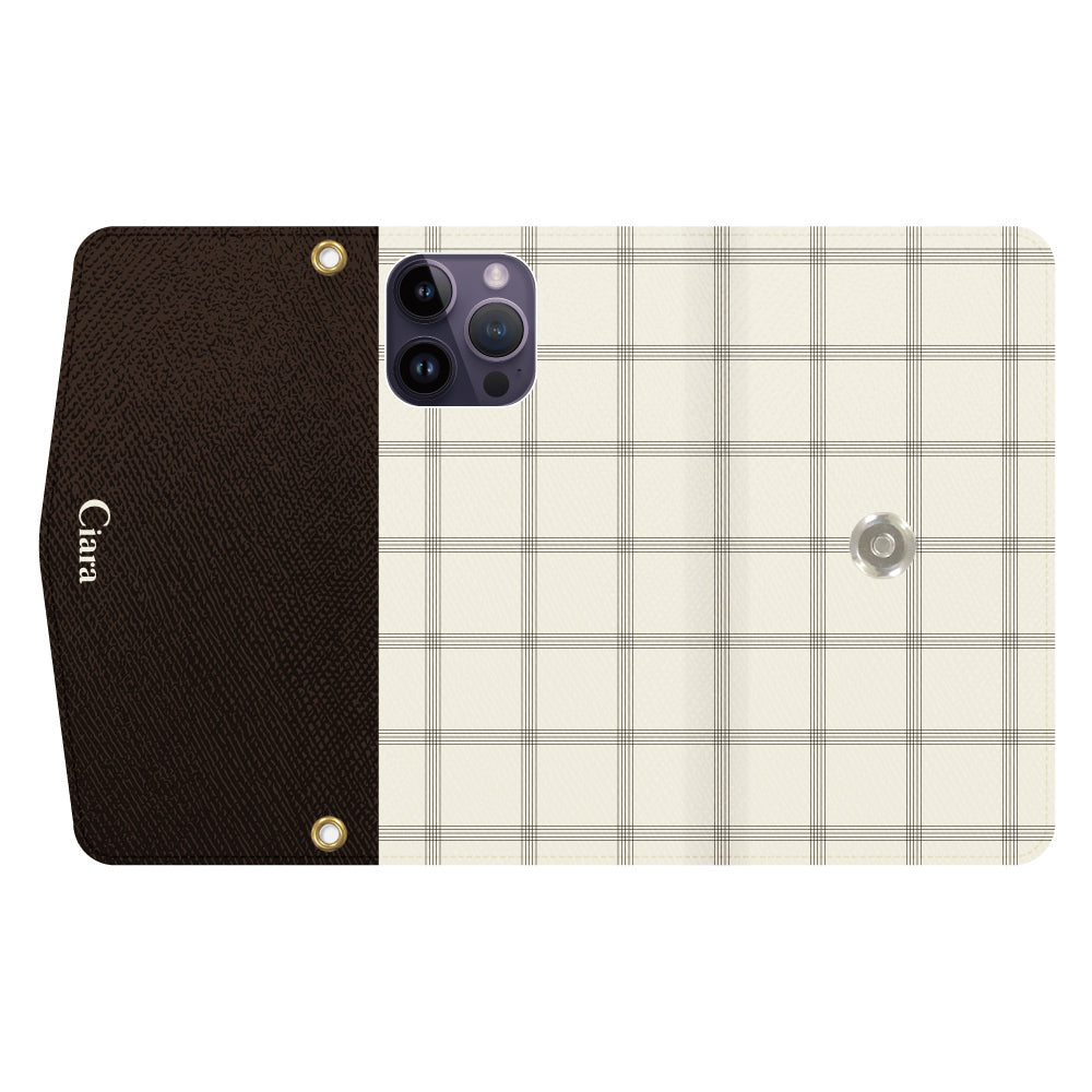 iPhone14ProMaxケース 手帳型カード収納レザーケース グラフチェック グレー