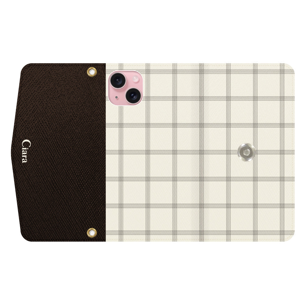 iPhone15ケース 手帳型カード収納レザーケース グラフチェック グレー