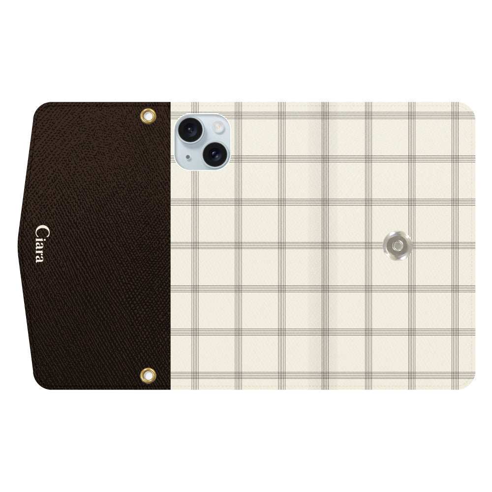 iPhone15Plusケース 手帳型カード収納レザーケース グラフチェック グレー