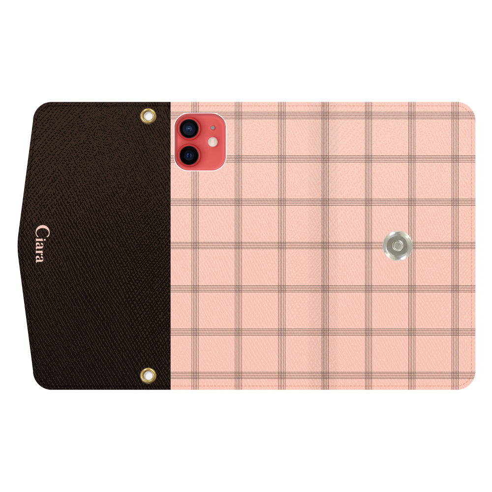 iPhone11ケース 手帳型カード収納レザーケース グラフチェック ママレード