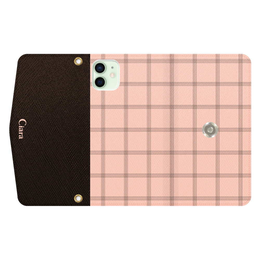 iPhone12miniケース 手帳型カード収納レザーケース グラフチェック ママレード