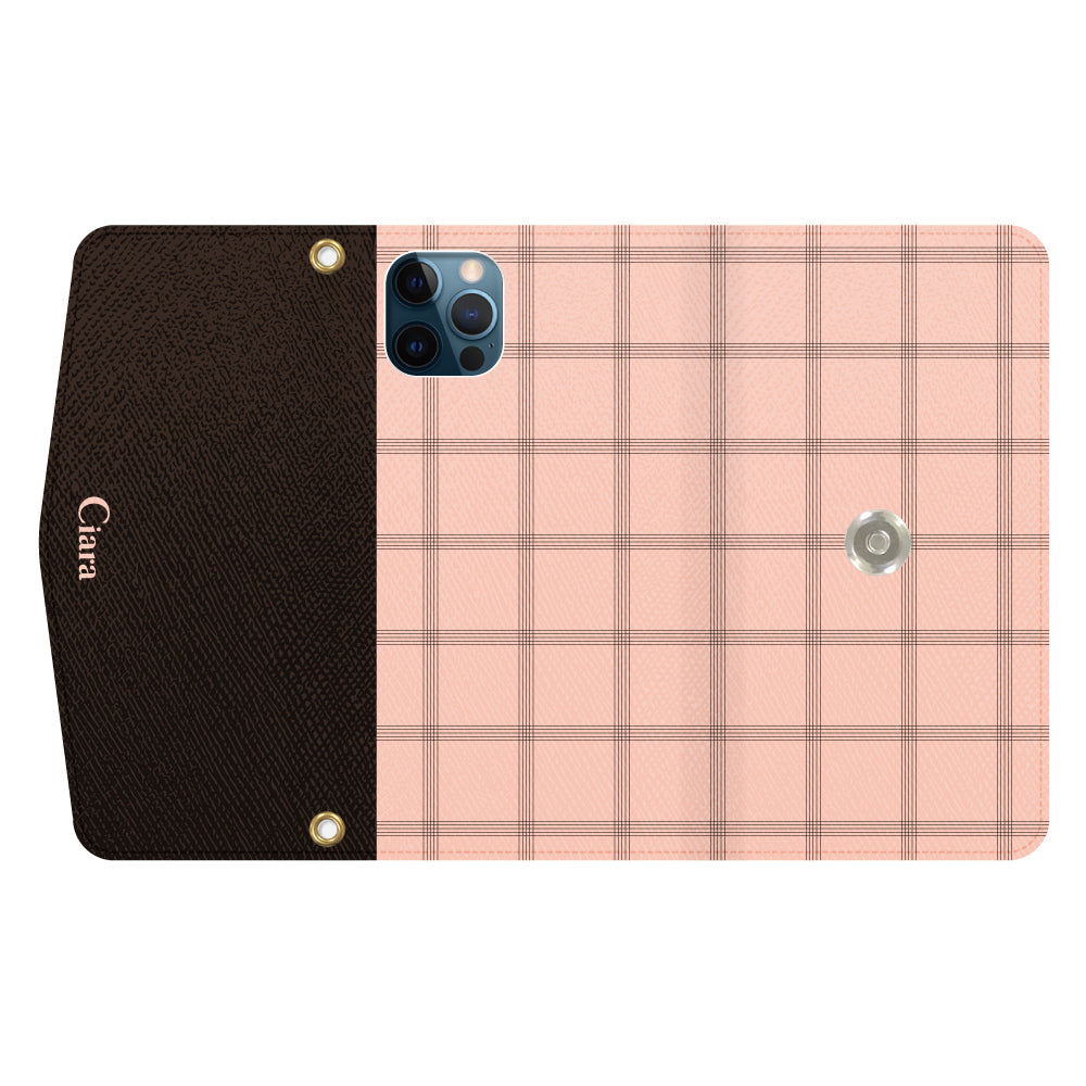 iPhone12ProMaxケース 手帳型カード収納レザーケース グラフチェック ママレード