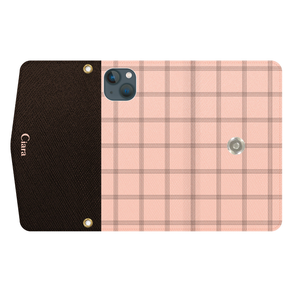 iPhone13miniケース 手帳型カード収納レザーケース グラフチェック ママレード