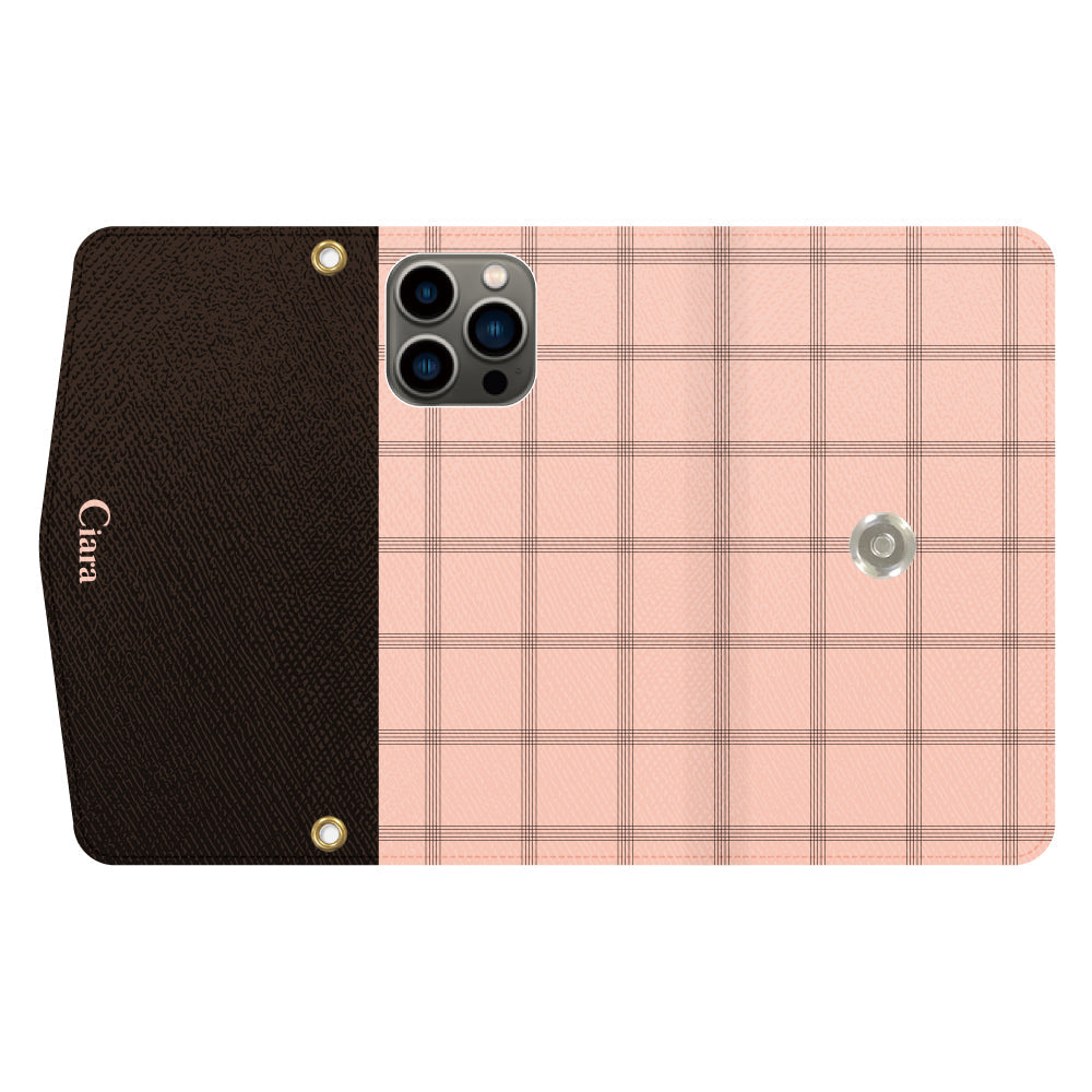 iPhone13Proケース 手帳型カード収納レザーケース グラフチェック ママレード