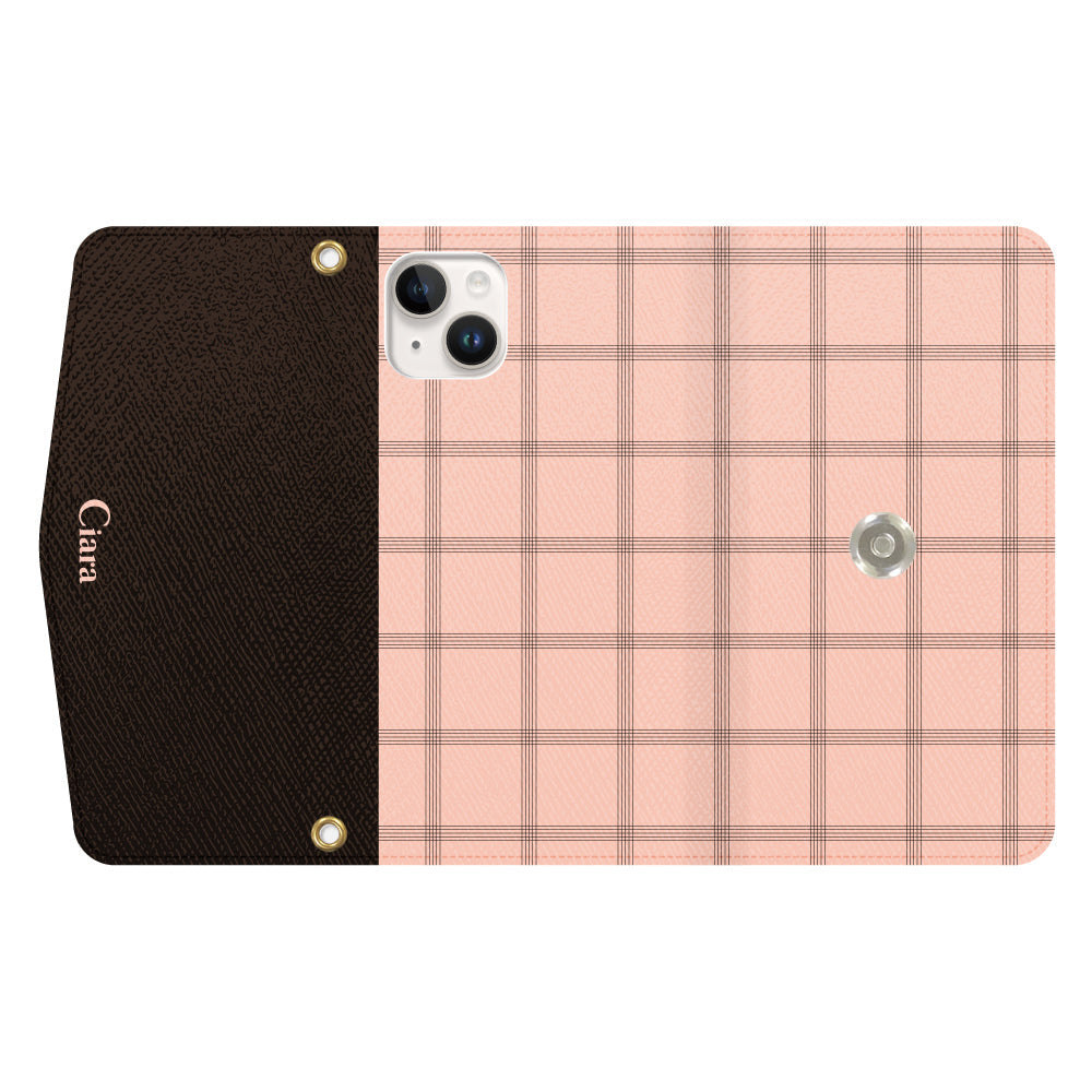 iPhone14ケース 手帳型カード収納レザーケース グラフチェック ママレード