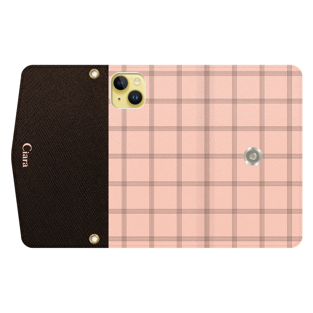 iPhone14Plusケース 手帳型カード収納レザーケース グラフチェック ママレード