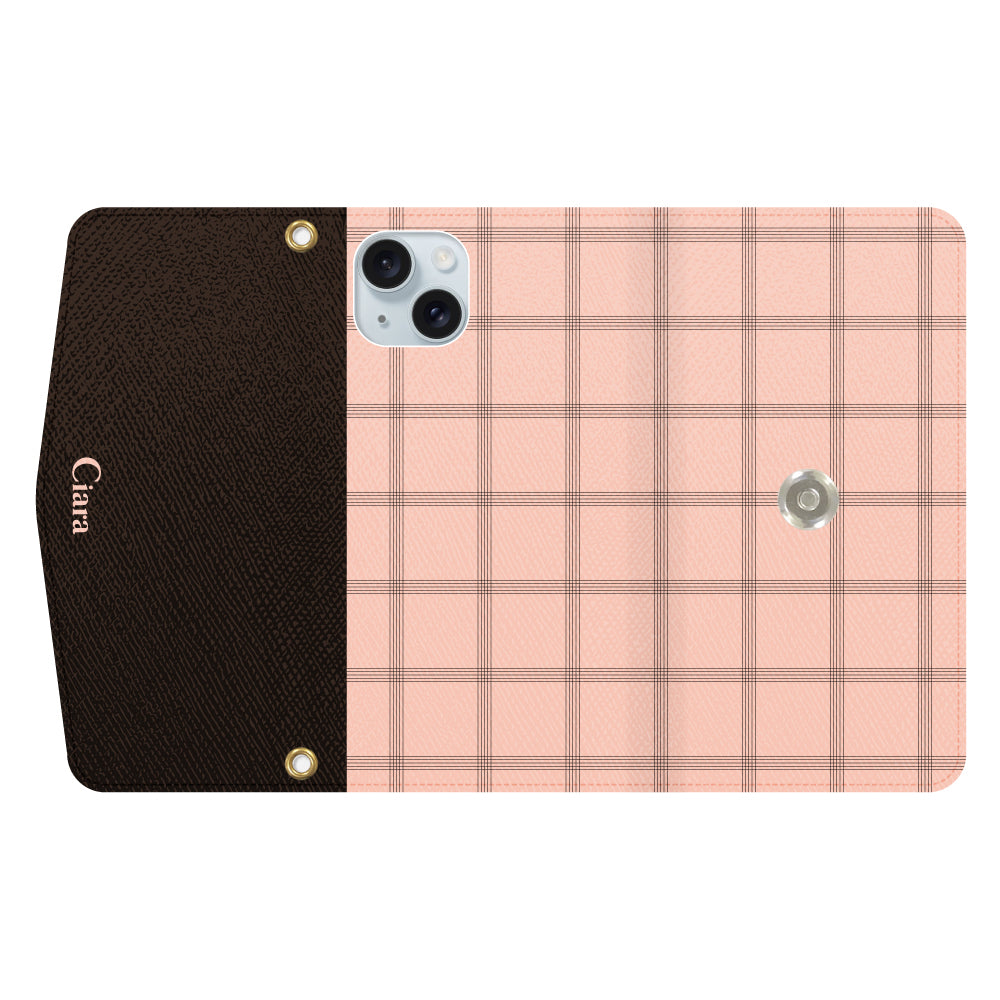 iPhone15Plusケース 手帳型カード収納レザーケース グラフチェック ママレード