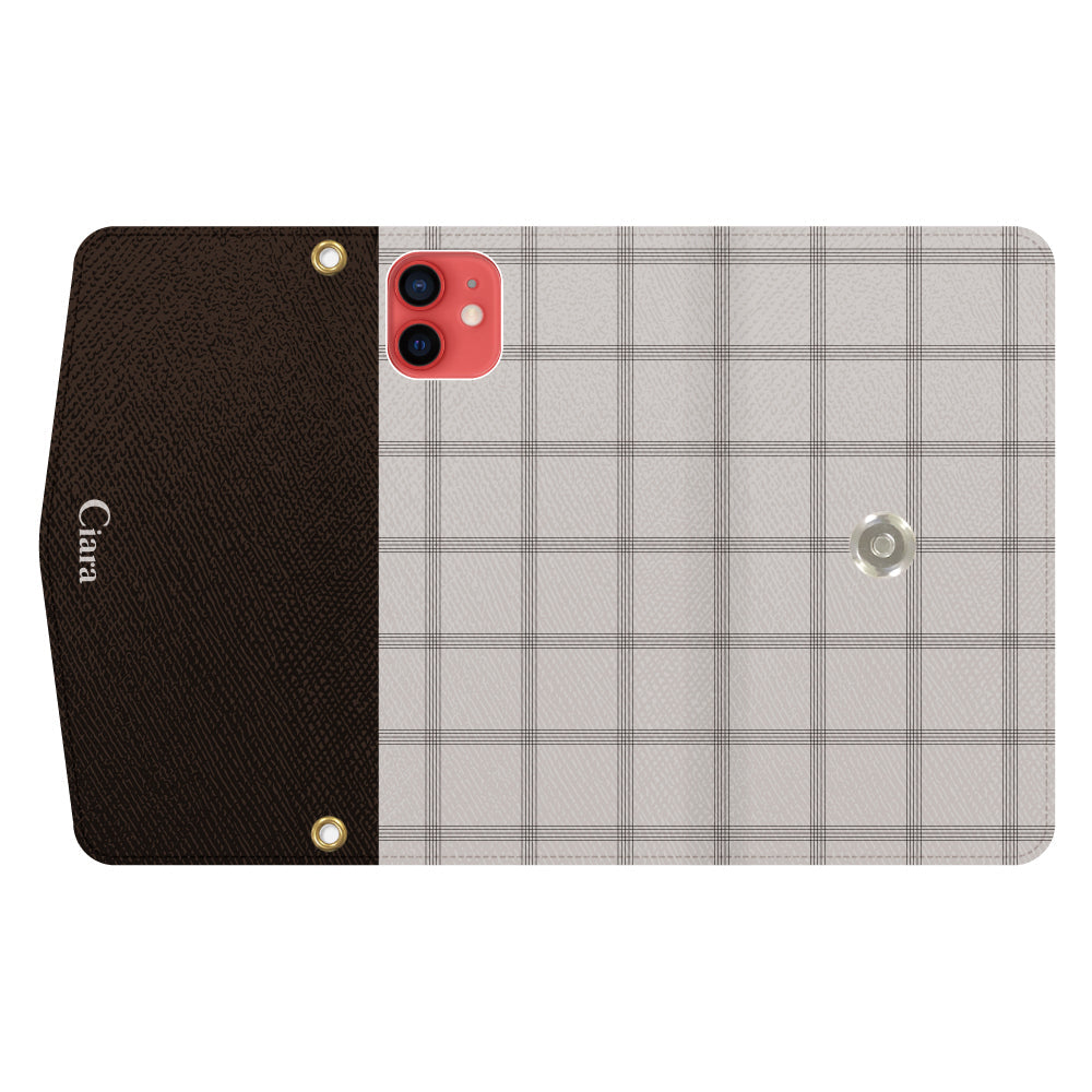 iPhone11ケース 手帳型カード収納レザーケース グラフチェック ベージュ