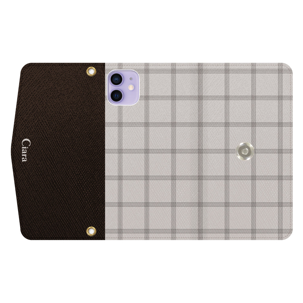 iPhone12/12Proケース 手帳型カード収納レザーケース グラフチェック ベージュ