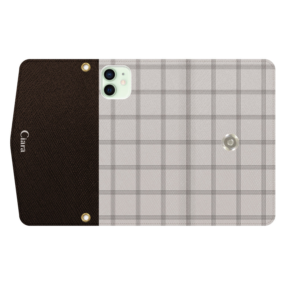 iPhone12miniケース 手帳型カード収納レザーケース グラフチェック ベージュ