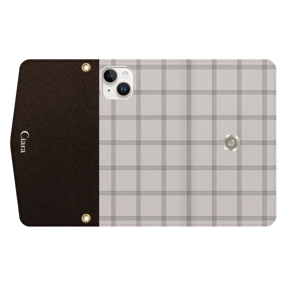 iPhone14ケース 手帳型カード収納レザーケース グラフチェック ベージュ