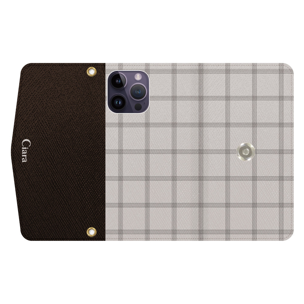 iPhone14ProMaxケース 手帳型カード収納レザーケース グラフチェック ベージュ