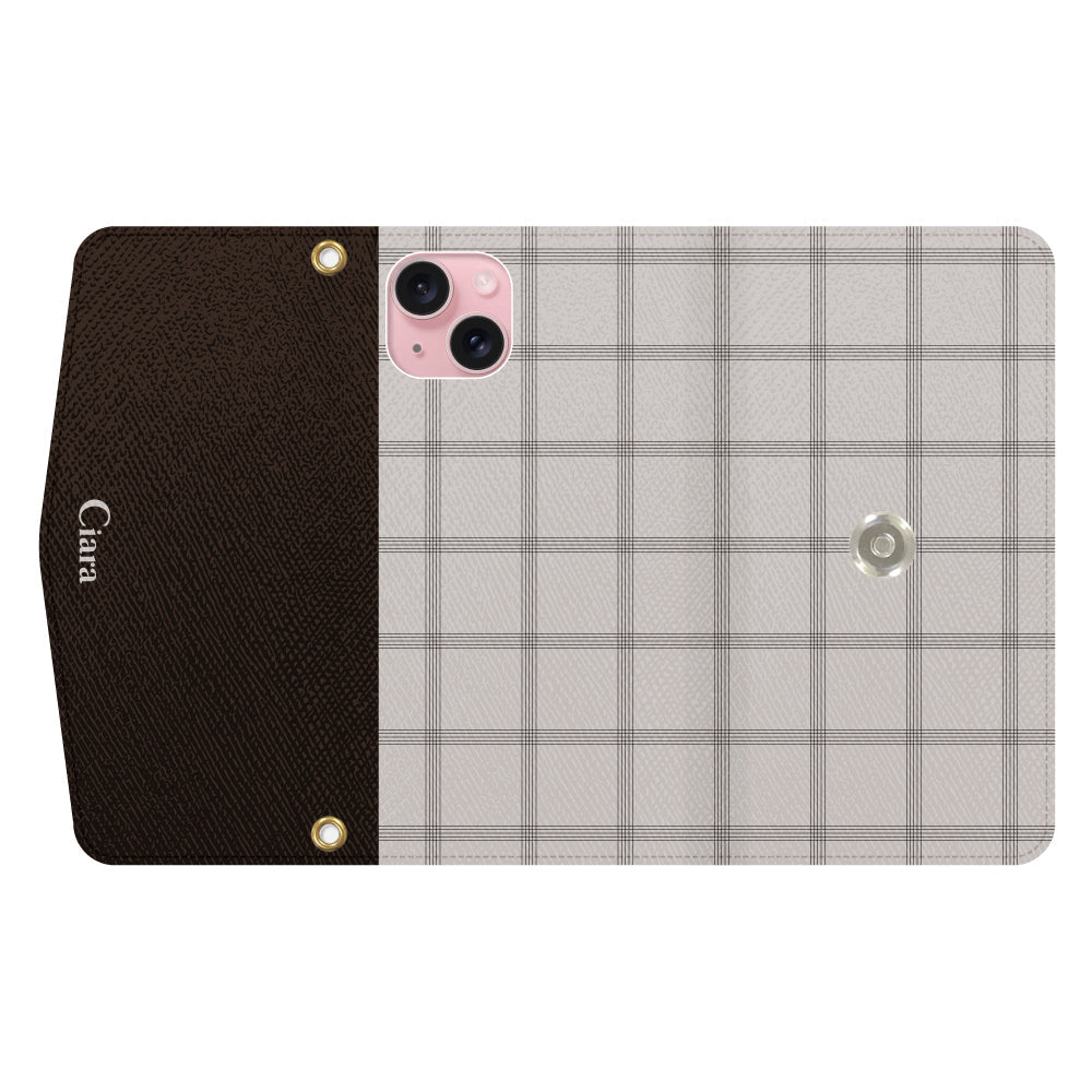 iPhone15ケース 手帳型カード収納レザーケース グラフチェック ベージュ