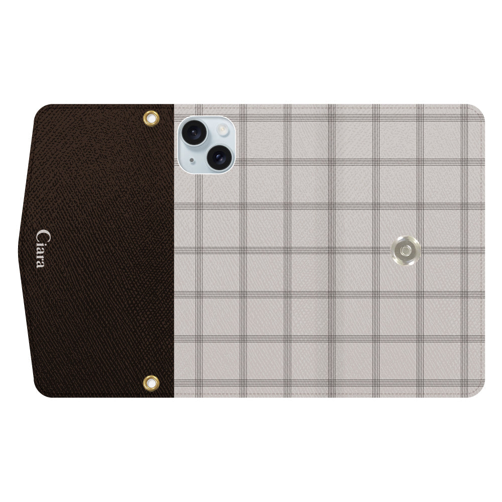 iPhone15Plusケース 手帳型カード収納レザーケース グラフチェック ベージュ