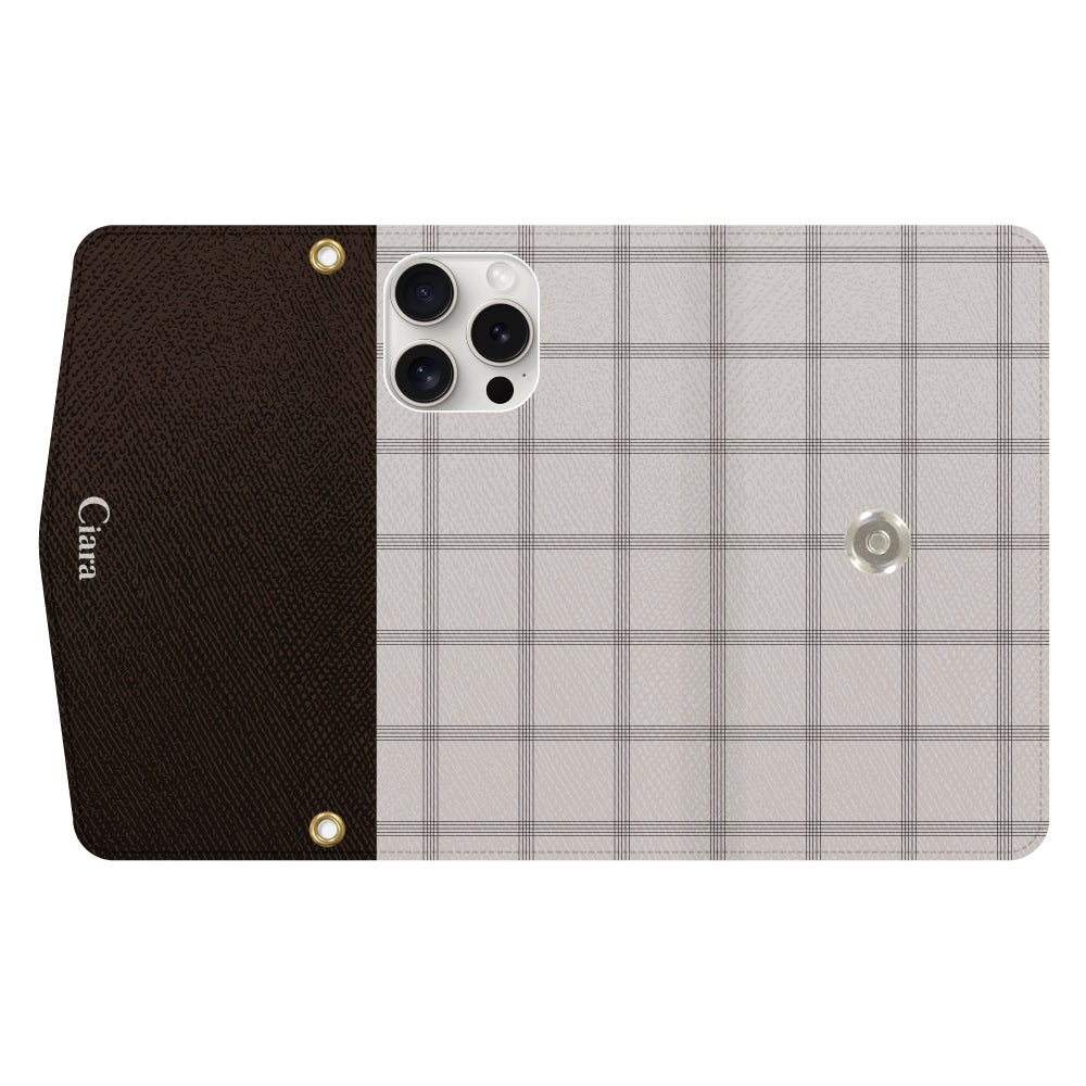 iPhone15ProMaxケース 手帳型カード収納レザーケース グラフチェック ベージュ