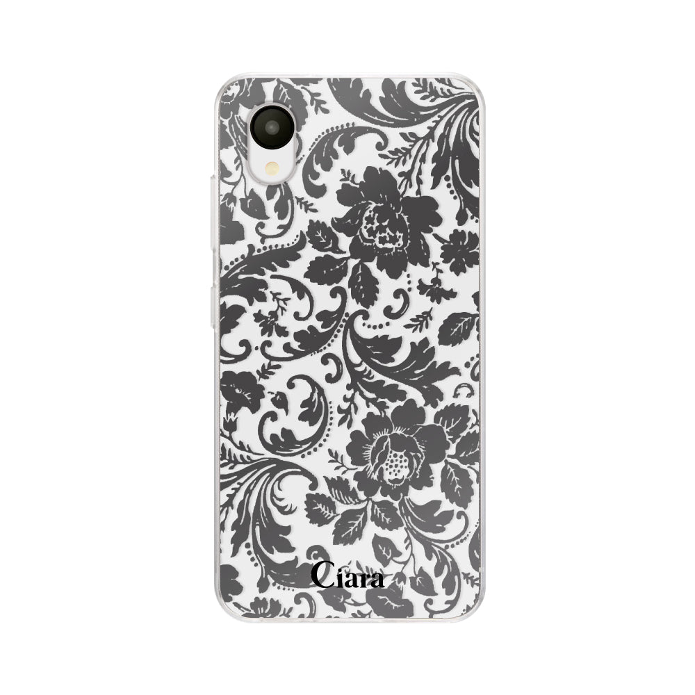 GalaxyA22ケース クリアケース ヴィンテージフラワー ブラック