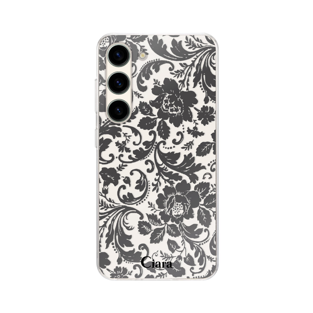 GalaxyS23ケース クリアケース ヴィンテージフラワー ブラック